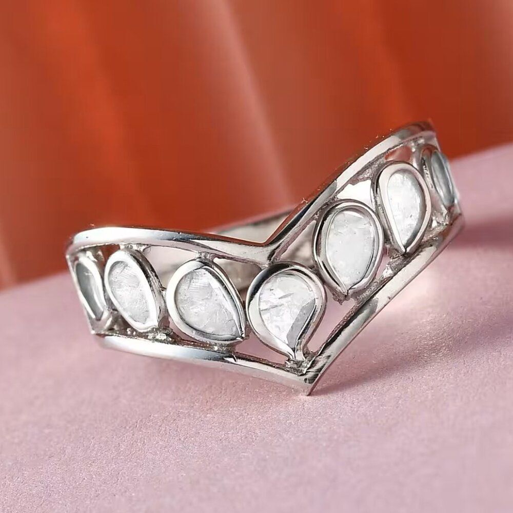 Polki Diamond Wishbone Platinum Over Sterling Silver Ring